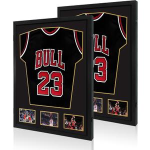 Wooden Jersey Frame Display Case 2 Pack, Large Sports Jersey Shadow Box Frame with Mats and Hanger for Hockey Football Baseball Basketball Soccer Jersey Shirt and Uniform, Black