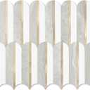 OYAISIMI 10 Sheets Seamless Peel and Stick Backsplash Tile for Kitchen,White and Gray Stone PVC Mixed Light Gold Self Adhesive Fish Scale Metal Mosaic Tiles