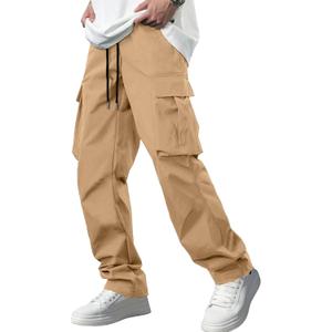 Comdecevis Men's Casual Cargo Pants Workout Joggers Stretch Sweatpants Hiking Drawstring Tactical Pants with Multi Pockets (XX-Large, Khaki)