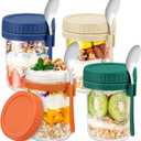 DRKIO 4 Pack Glass Overnight Oats Containers with Lids and Spoons 16 Oz Mason Jars for Overnight Oats Jars Leak Proof Oatmeal Container Meal Prep Jar for Cereal Fruit Vegetable Milk Salad Yogurt