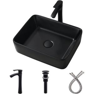 Black Vessel Sink with Faucet and Drain Combo -Bokaiya 19x15 Inch Vessel Bathroom Sink Rectangular Above Counter Matte Black Porcelain Ceramic Bathroom Vanity Sink Art Basin