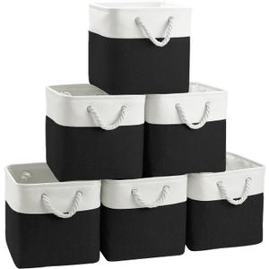 FinishingBo Large 11x11 Inch Cube Storage Bins with Cotton Handles for Closet, Shelves, Clothes, Towel (White/ Black-6 Pack)
