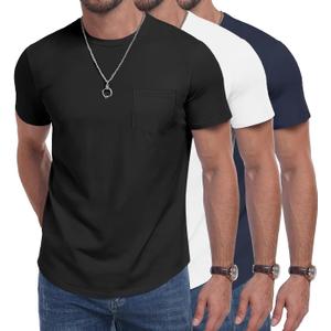 DOWMQ 3 Pack Mens Cotton T Shirts Short Sleeve Crewneck Shirts for Men Pocket Tshirts Casual Lightweight Summer Basic Tees 3 Pack Black White Navy Blue, L