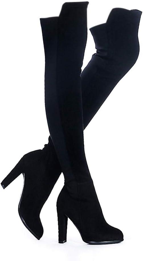 Shoe'N Tale Women Faux Suede Chunky Heel Stretch Over The Knee Thigh High Boots (9.5, Black)