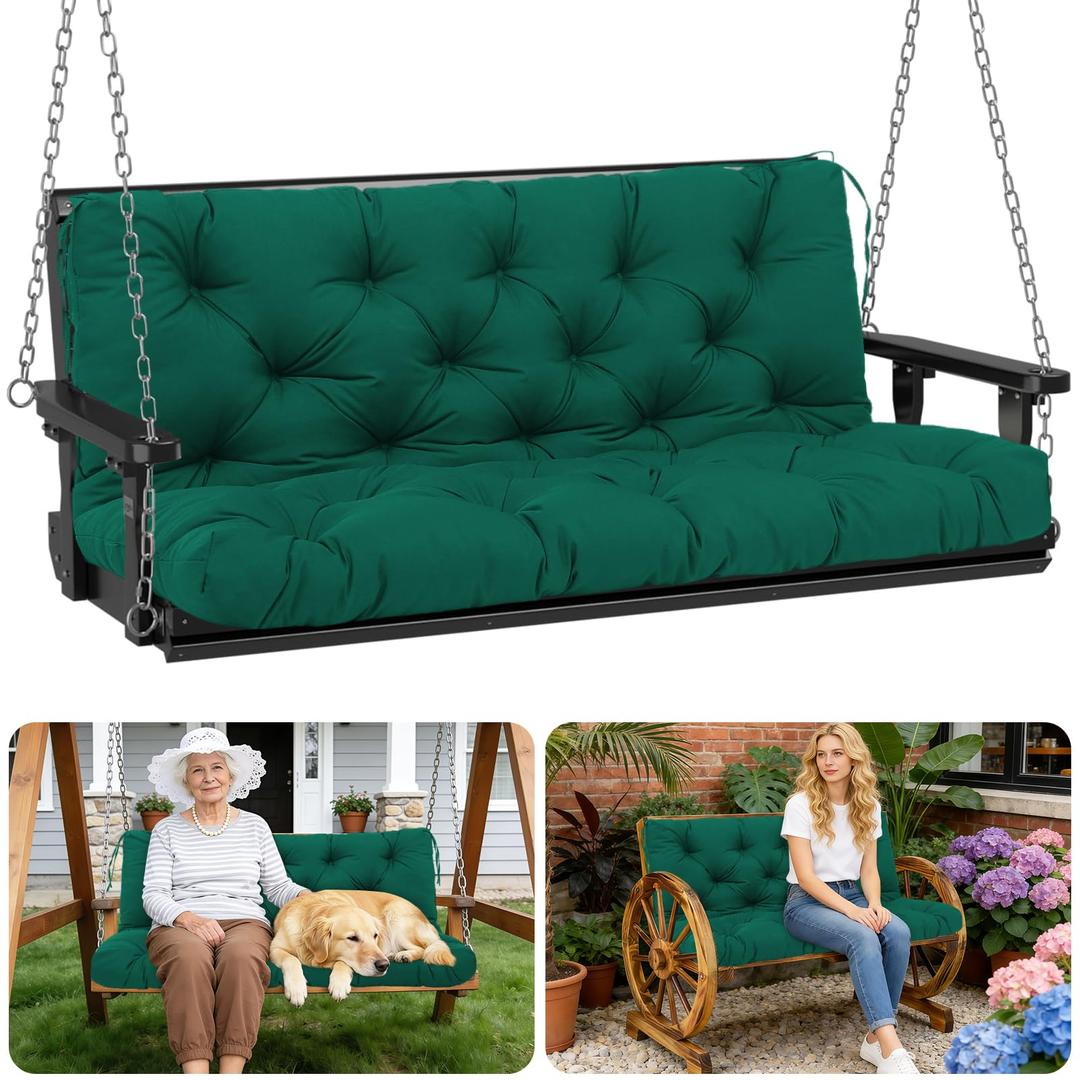 Porch Swing Cushions Outdoor 60 inch x 40 Waterproof Swing Cushions 3 Seater Replacement with Backrest & 8 Ties 5" Thick Bench Swing Cushions for Outdoor Furniture Patio(Dark Green)