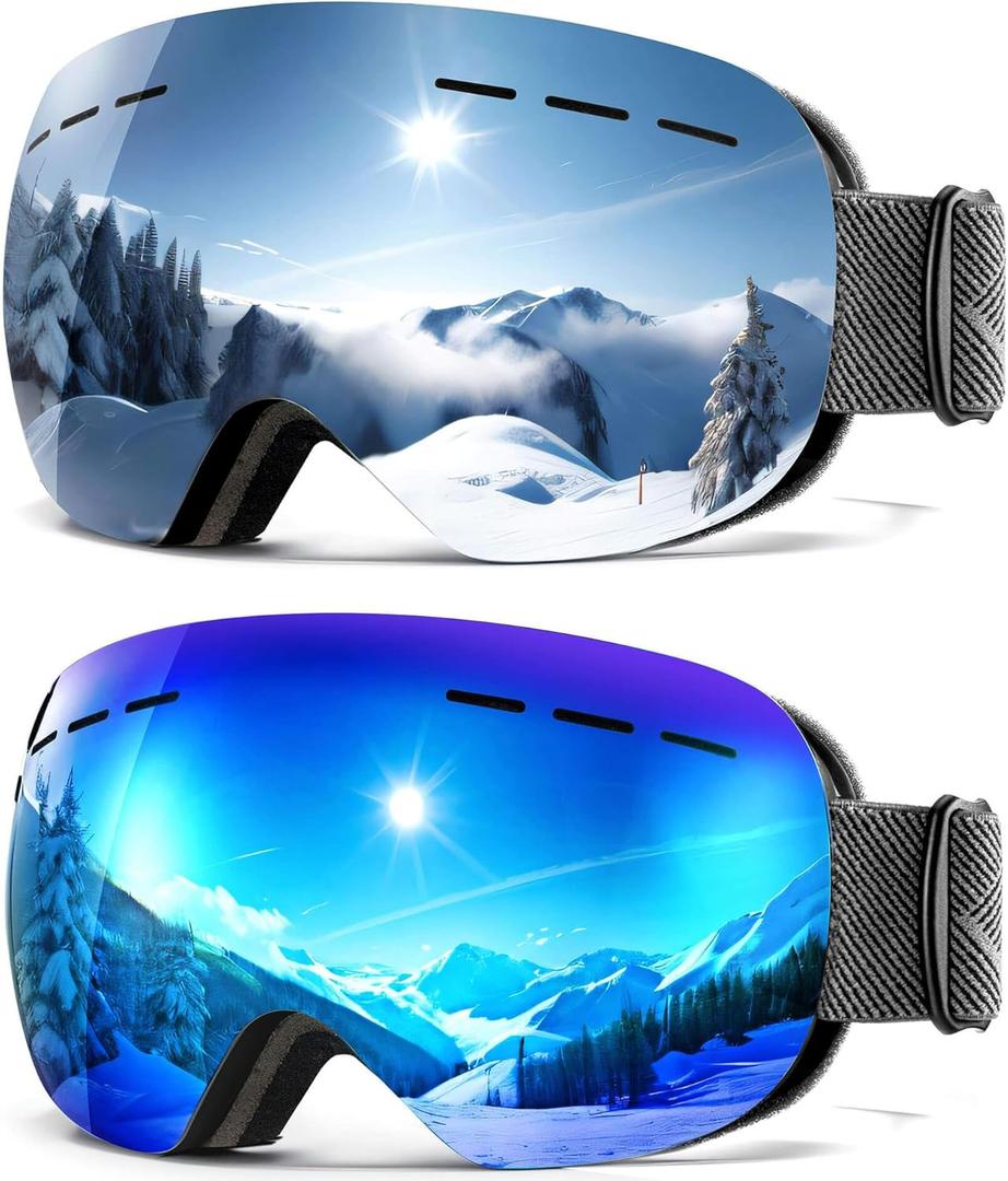 2Pack Ski Goggles for Men Women Snow Goggles Anti fog Snowboard Goggles with 100% UV Protection (B01 Black Frame Argent Lens/Black Frame Ice Blue Lens)