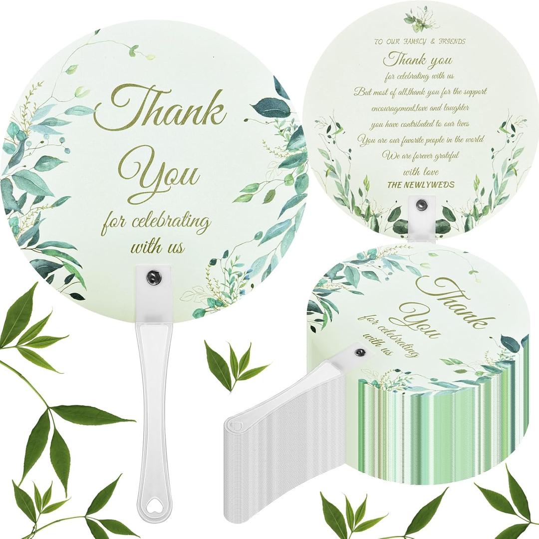 100 Pcs Wedding Hand Fans Bulk Plastic Fans Handheld Wedding Fans for Wedding Guests Wedding Favor Fans Thank You for Celebrating with Us Greenery Fan with Handle for Wedding Ceremony Bridal Shower