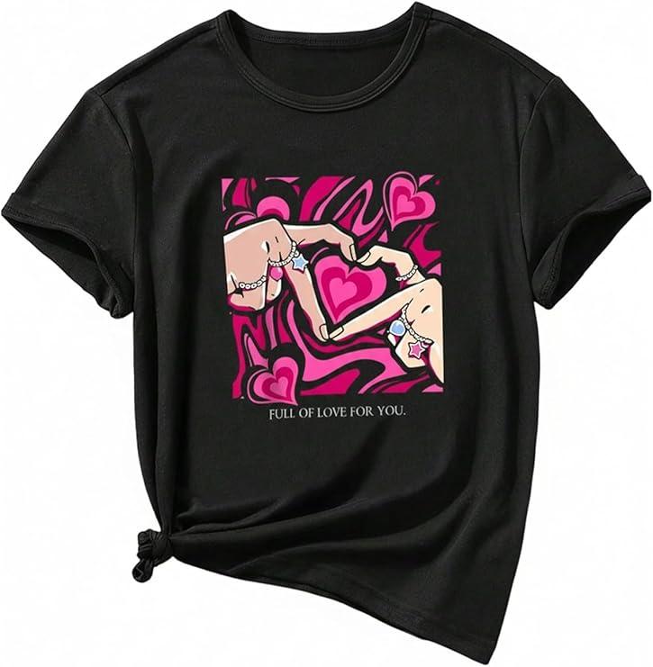 RoseSeek Girl's Floral Letter Graphic Short Sleeve T Shirt Crewneck Y2K Tee Country Concert Outfit Black 15Y