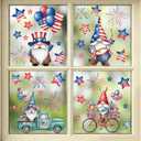 9 Sheets Patriotic Gnome 4th of July Window Clings, Hianjoo 97 Pcs Red White Blue Static Decals with Stars, Independence Day Memorial Day Home Glass Party Decorations