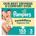 Pampers Swaddlers Diapers, Size 3 (13-26 lbs), 155 Count, Fragrance Free, Hypoallergenic, Absorbent, Pediatrician Recommended, Skin Safe