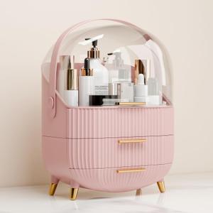 Makeup Organizer for Vanity Cosmetics Skincare Organizers with Lid and Drawers Display Cases for Countertop (Pink)