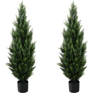 4FT Artificial Topiary Tree Beautiful Realistic Faux Cedar Pines Christmas Trees UV Rated Fake Shrubs for Front Porch Faux Plants Indoor and Outdoor Decor (2 Pack)