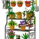 GIOTORENT Plant Stand Indoor Outdoor, 3-Tier Heavy Duty Metal Shelves, Display up to 14 Multiple Plants, Tall Plant Holder with Plant Hanger, Suit for Patio Living Room Garden Balcony, 5 Hooks, Black