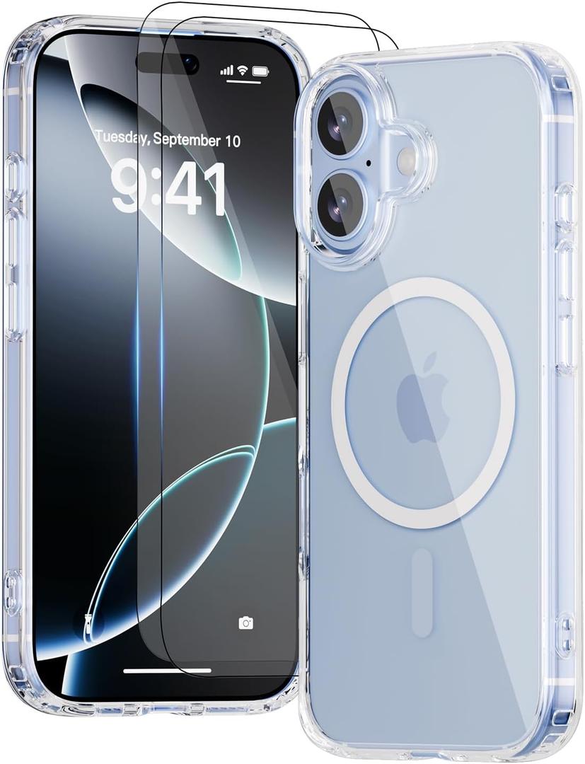 for iPhone 17 Case,Compatible with MagSafe,Clear with Anti-Yellowing,with 2 Pieces Tempered Glass,Military Grade Shockproof Protective Cover, Slim Rugged Design,6.3 Inch