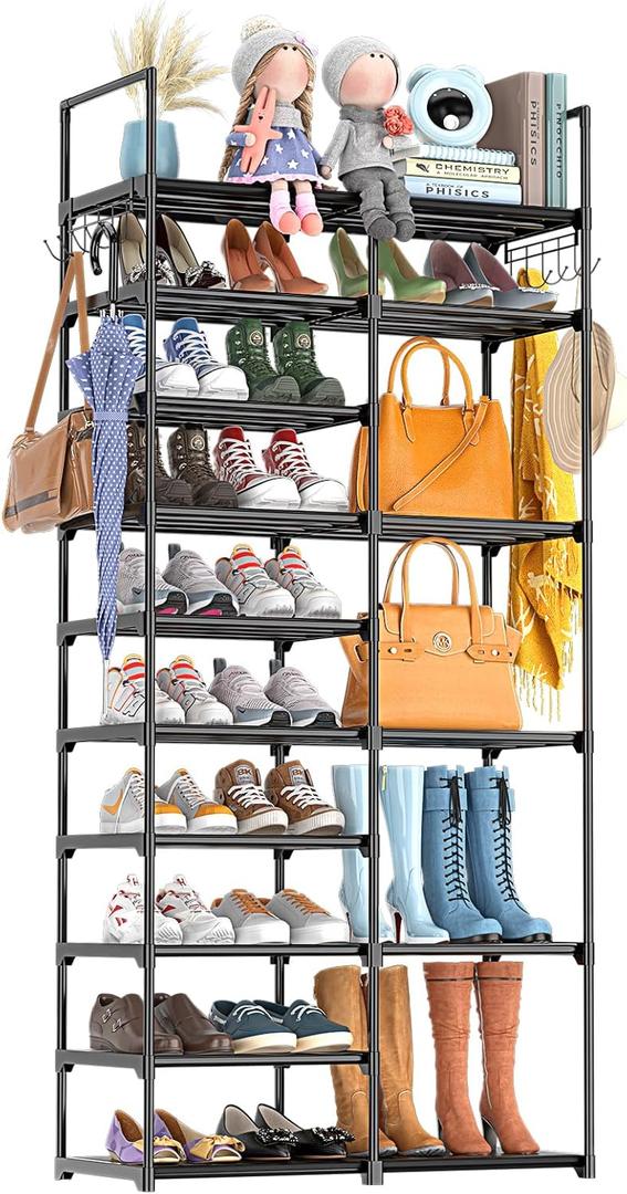 Kottwca 2 Row 10 Tier Tall Shoe Rack Organizer for Closet Entryway, 40-45 Pair Shoe Boot Storage Rack, Metal Shoe Shelf Small Vertical Stackable Shoe Stand for Bedroom Corner