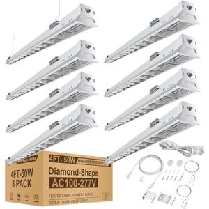 Lightdot 4FT LED High Bay Shop Light, 100-277VDriver Equipped, 5 Years 50W 7000LM [Eqv. 280W MH/HPS] 5000K 4' LED Shop Lights for Workshop Garage White-8Pack
