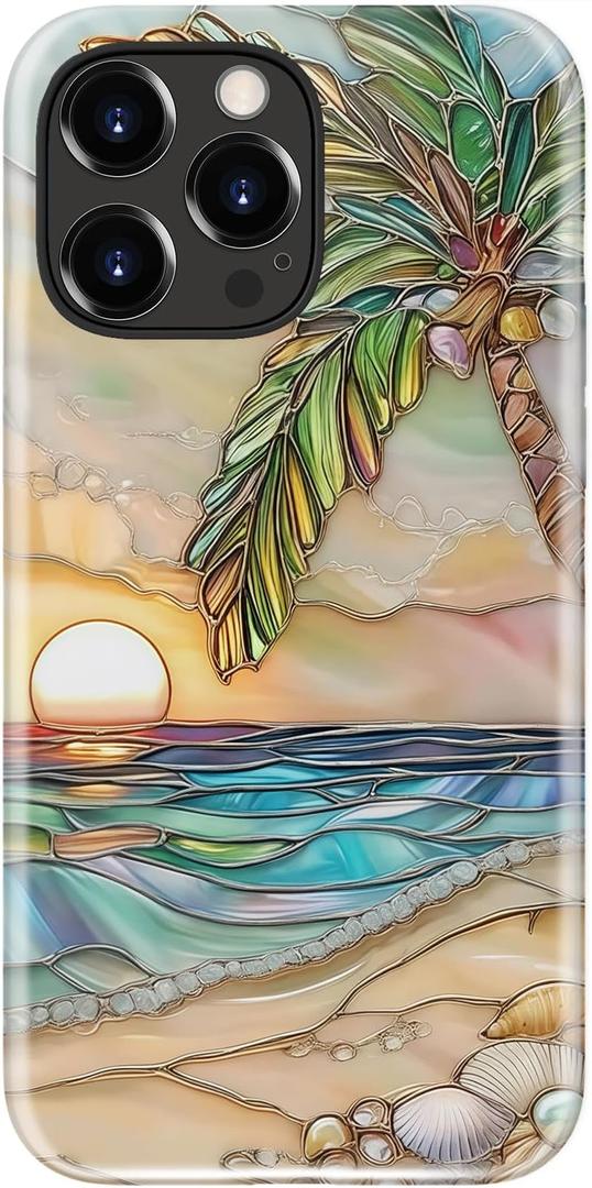Esdot for iPhone 14 Pro Case Cute - Wireless Charging Compatible – Dual-Layer Soft Silicone + Hard Shell - Wildflower Design - Protective Phone Cover for Women Girls - Palm Tree Sunset Beach