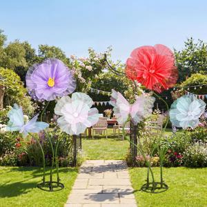 Giegxin 6 Pcs Giant Butterfly Flower Decorations Huge Artificial Tulle Butterflies Flowers with Stand Backdrop Decorations for Wedding Birthday Bridal Shower Home Garden Decor Storefront Displays
