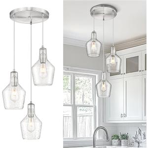 Emliviar Modern Kitchen Chandelier Brushed Nickel, 3-Light Hanging Pendant Lighting with Seeded Glass, Cluster Pendant Light Fixture for Entryway, DYE286G2-3 BN