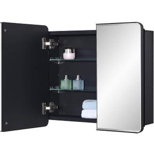 Black Bathroom Medicine Cabinet with Round Corner Framed Door and Beveled Edge Mirror 22 x 20 inch, Recessed or Surface Mount, with Adjustable Glass Shelves