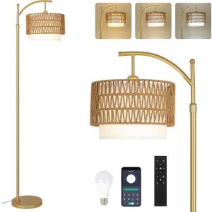 Gold Floor Lamps for Living Room with Remote & Dimmable LED Bulb, Modern Arc Floor Lamp with 3 Color Temperatures, Boho Standing Lamp with Rattan & Fabric Shades, Adjustable Tall Lamp for Bedroom
