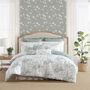 Laura Ashley - Full/Queen Comforter Set, Premium Cotton Bedding with Matching Shams & Bonus Decorative Pillow, Floral Home Decor, Oeko-Tex Certified (Toile Delight Green, Full/Queen)