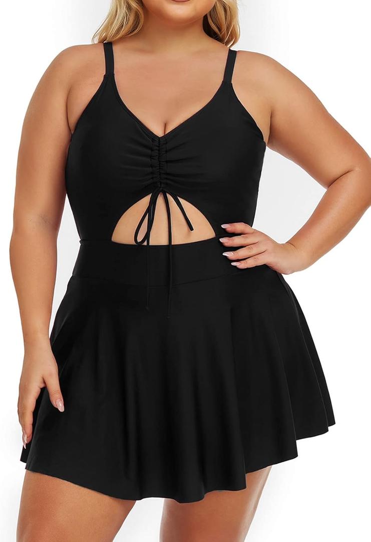 Summer Mae Women's Plus Size One Piece Swim Dress Floral Cutout Swimsuits V-Neck Bathing Suit with Skirt (Black) Summer Mae Women's Plus Size One Piece Swim Dress Floral Cutout Swimsuits V-Neck Bathing Suit with Skirt (Black)