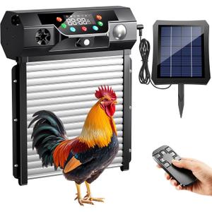 Automatic Chicken Coop Door Solar Powered, Roll-Up Auto Chicken Door Opener with Light Sensor, Timer & Remote Control, Large 9.45" x 10" Opening, Anti-Pinch Safety, Aluminum Weatherproof for Chickens