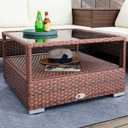 DIMAR GARDEN Outdoor Coffee Table Wicker Patio Rattan Side Table with Glass Top and Storage Shelf,29.5in Mixed Brown