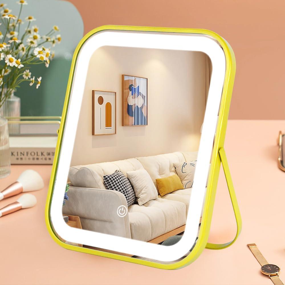 Gold Vanity Mirror with Lights,10"x8" Rechargeable LED Lighted Makeup Mirror, Large Makeup Mirror with Lights, Touch Screen with 3-Color Lighting, Dimmable, for Vanity Desk Tabletop, Bedroom