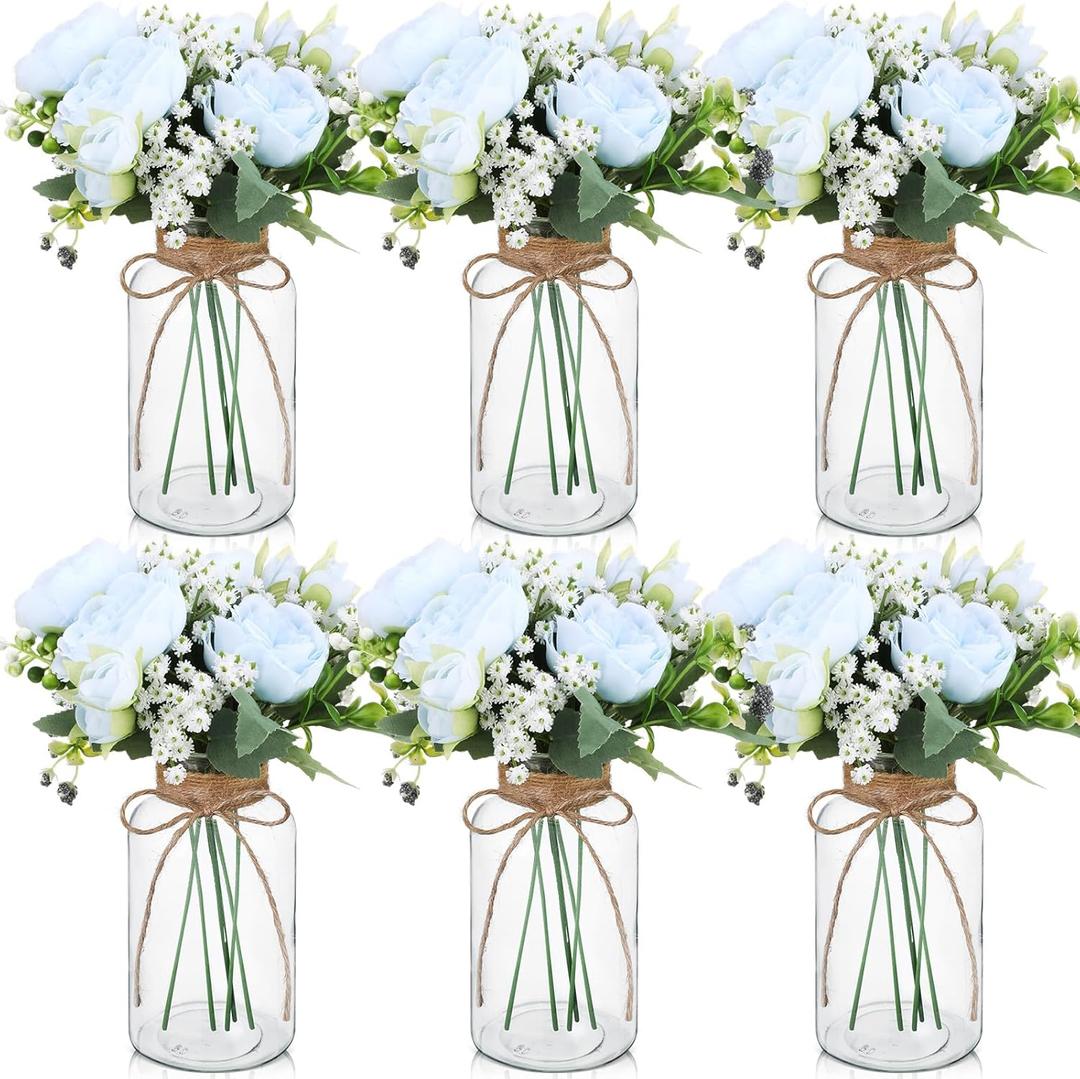 Zeyune 6 Sets Mason Jar Table Centerpiece with Artificial Peony Baby's Breath Flower Centerpieces Faux Flowers with Rope for Wedding Reception Engagement Bridal Shower Rustic Table Decor(Blue)