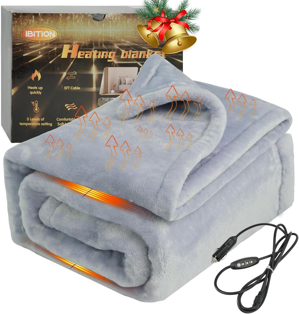 12V Heated Blanket for car,Machine Washable Electric Blanket Heated Travel Blanket Plug in Flannel Heating Throw for Car Truck SUV Van 40x55 with Controller 3 Heating Level