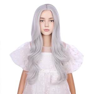 DUDUWIG Girls Silver Gray Wig Child Long Silver Grey Middle Part, Wavy Curly Wig for Kids Heat Resistant Synthetic Hair with Cap