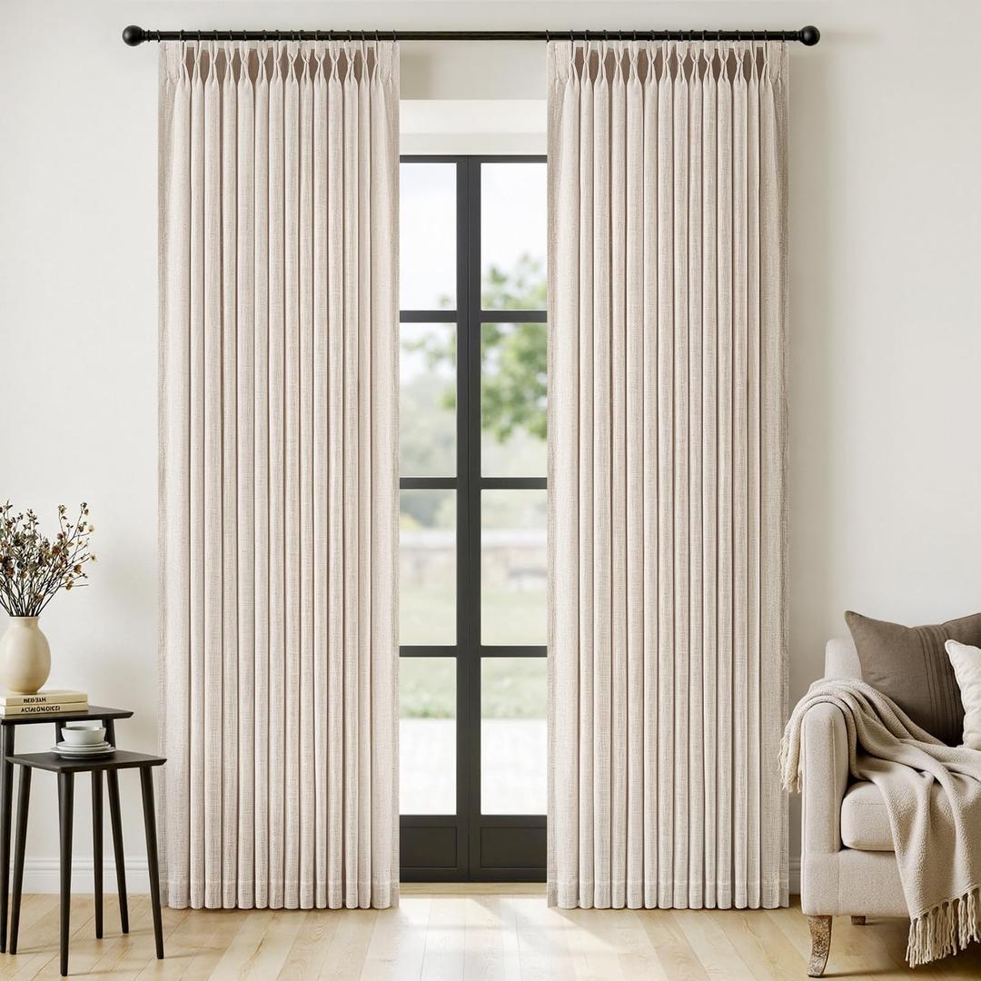 MIULEE Pinch Pleated Thick Linen Curtains 90 Inches Long 2 Panels for Living Room Bedroom, Linen Textured Memory Trained Pleat Drapes Back Tab Light Filtering Cream Ivory Window Curtains with Hooks