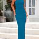 PRETTYGARDEN Women's Summer 2025 Semi Formal Cocktail Dresses Strapless Tube Bodycon Ruched Evening Wedding Guest Maxi Dress (Blue, L)