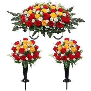 Wocst Headstone Flower Saddle,Large Artificial Cemetery Flowers for Grave 2Pack Artificial Silk Roses Daisy Bouquets with Cemetery Vases for Outdoor Grave Decorations (Red Yellow)
