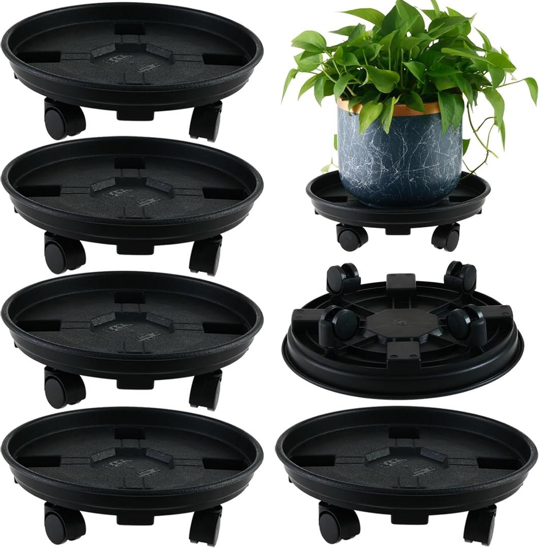 5 Packs 14 Inches Large Plant Caddy with Wheels Plant Saucers on Wheels Rolling Plant Stands Heavy-duty Plant Dolly Plastic Planter Roller Base Pot Movers Outdoor Plant Tray Coaster, Black