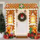 Christmas Gingerbread Door with Lights Cardboard Cover Decorations,Gingerbread House Candy Porch Banner Sign for Xmas Holiday Classroom Office Home Party Decor (Green Brown)