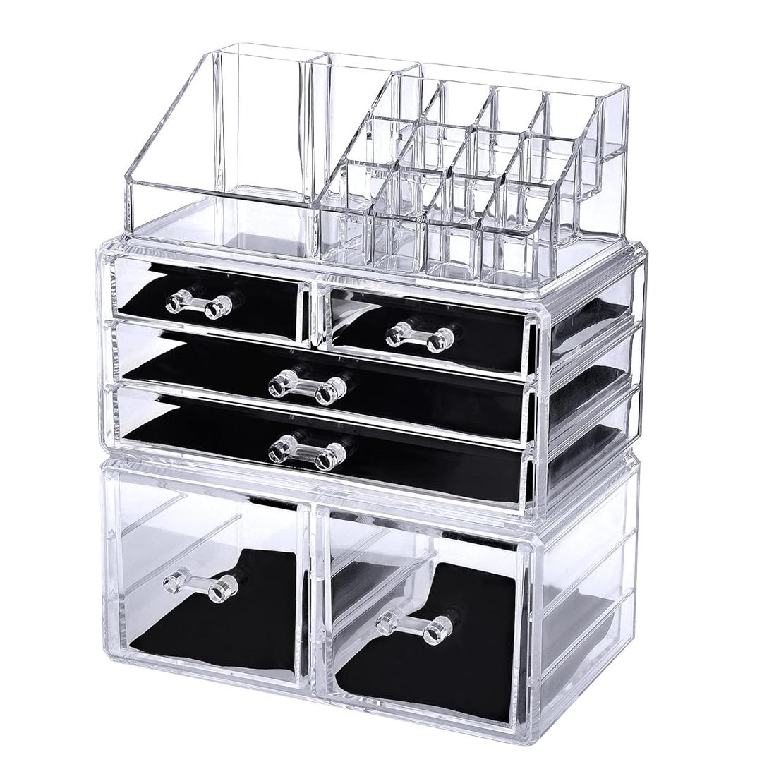 3 Pack Clear Stackable Makeup Organizer with 6 drawers - Cute Vanity Storage for Cosmetics, Jewelry, Skincare and Hair Clips - Acrylic Countertop Display for Bathroom and Desk - Easy to Clean