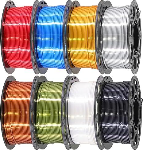 DO3D 1.75mm Silk PLA 3D Printer Filament Bundle, 8 Silk Shiny Colors: Gold/Silver/Copper/Bronze/Black/White/Red/Blue, Each Spool 250g, 8 Spools, Total 2Kg 3D Printing Material, 250g x 8 Spools