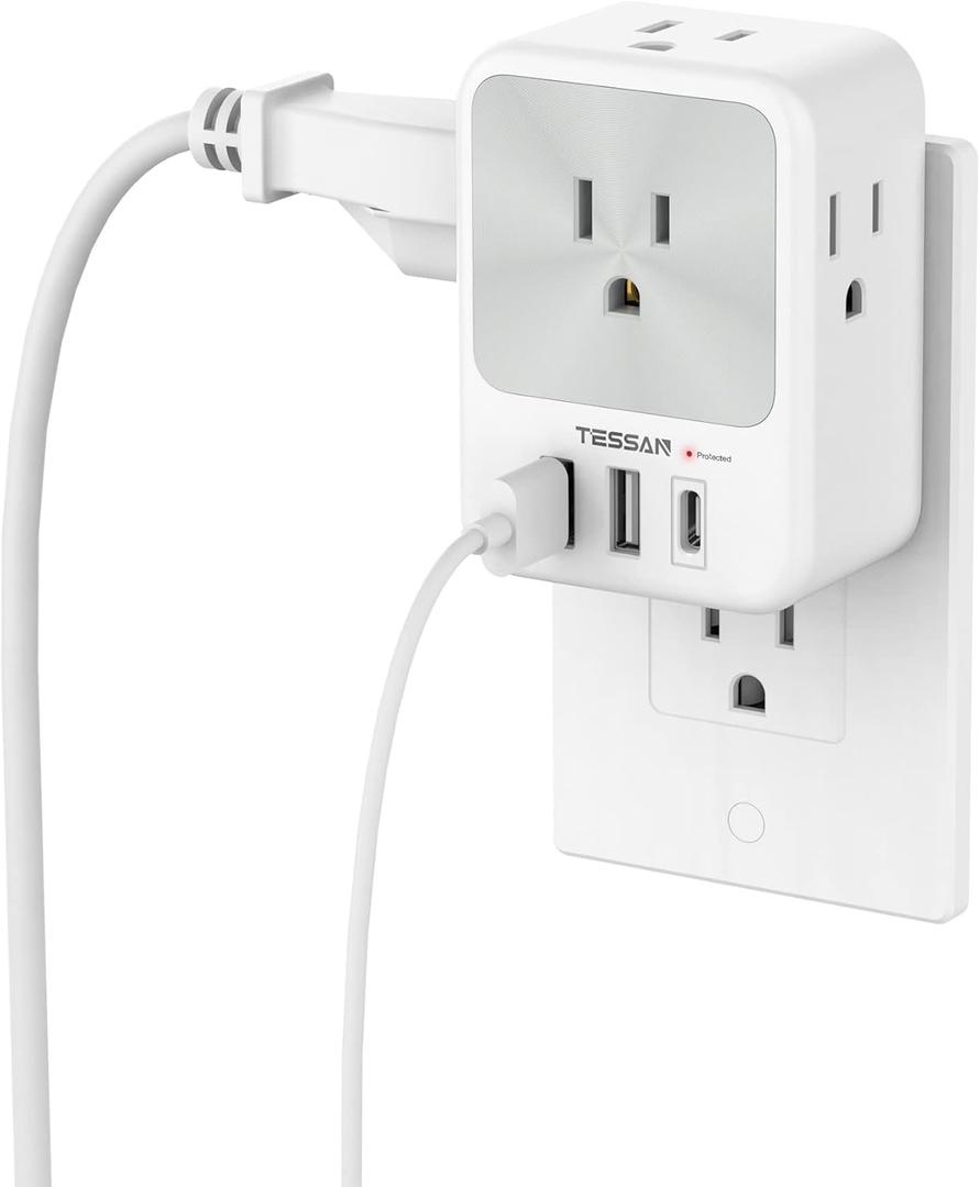 TESSAN Surge Protector Wall Outlet Extender, Multi Plug Outlet Splitter with 3 USB Charging Blocks(1 USB C), Multi Plug Wall Charger for Home, Office, School, College Dorm Essentials, Grey