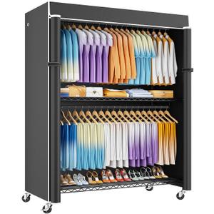 ULIFHOME P8C Max Heavy Duty Clothes RackWith Extended Width Design Rolling Clothing Racks for Hanging Clothes with Lockable Wheels51.2"W x 15.8"D x 80.5"HLoad 700LBSBlack Rack with Black Cover