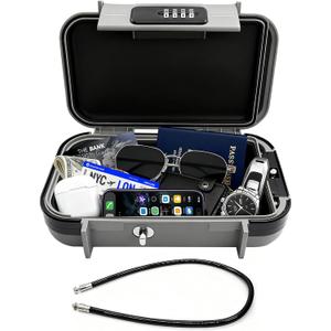 Portable Lock Box with CodeSmall Travel Safe Lock Box for Phone, Keys & CardsWaterproof ABS Plastic Security Box with Adjustable Steel CablePerfect for Beach, Outdoor & Travel,Grey