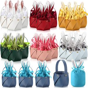 Shinylin 42 Pcs Easter Bunny Gift Bags Bunny Birthday Decor Rabbit Ear Velvet Bags with Drawstrings Candy Bag Leather Basket Buckets for Kids Gift Pouches Party Favors Toy Storage Jewelry, 7 Colors