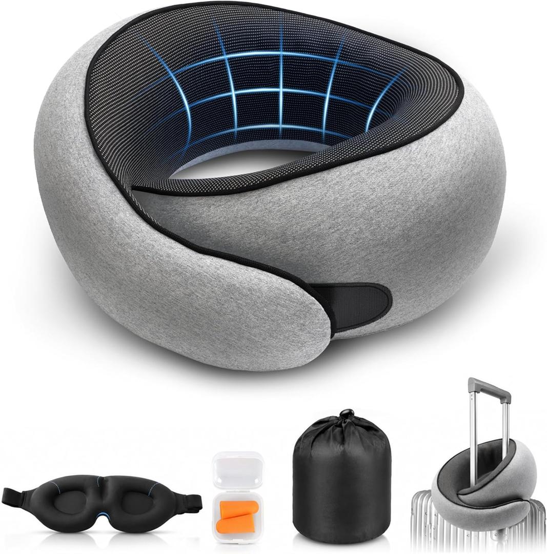 Purroch G-Shape Memory Foam Travel Neck Pillow - 100% Pure Foam Ergonomic Support with Eye Mask & Ear Plugs for Airplane Flights, Car Trips & Office Naps, Beige Gray