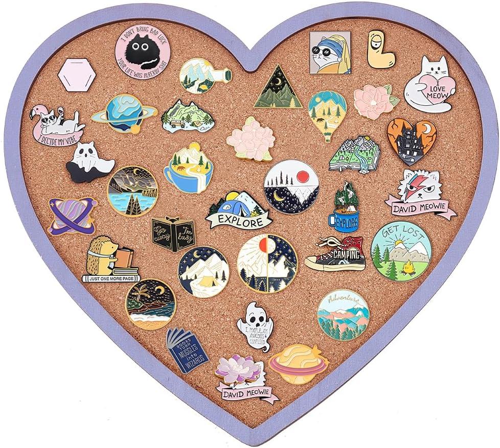 BENECREAT Purple Heart Pin Cork Board Bulletin Display Board, 10.6x11.8inch Wall Mounted Cork Board for Brooch Pin Storage, Office Home Festival Valentine's Decor (Plum)