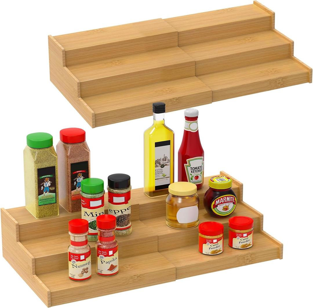 Spice Rack Organizer for Cabinet 2Pack, 3 Tier Expandable Bamboo Spice Storage, Great for Kitchen Cabinet, Cupboard,Pantry and More(Natrual) (Natural1)
