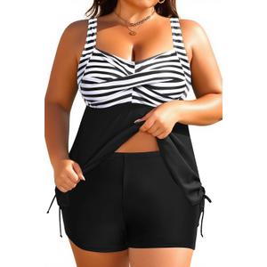 Aqua Eve Women Plus Size Tankini Swimsuit Two Piece Flowy Swimdress Bathing Suits with Shorts Black and White Stripes 20W