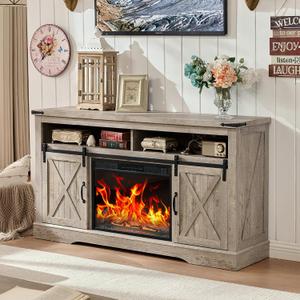 ROCKPOINT 58" Fireplace TV Stand for TV up to 65 Inch with Farmhouse Sliding Barn Doors, Highboy Entertainment Center with Storage Cabinet, 23" Electric Fireplace with Remote, Grey