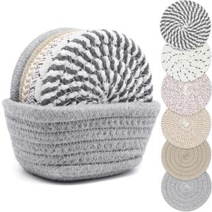 Drink Coasters with Holder, Thick Woven Drinking Coasters for Kinds of Cups, Absorbent Coaster Sets for Tabletop Protection, Home Decor for Table, Coasters Set of 6 (Mix Color)